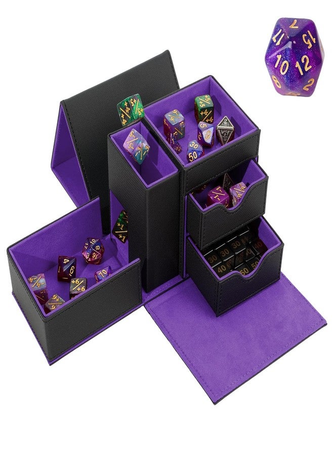 Stepane Leather Dice Tray & Tower Storage Box, 3 in 1 Dice Holder Case (Rolling Tray, Tower, Storage Drawers), Magnetic Closure DND Accessories Gifts for RPG MTG, Black/Violet - Image 1